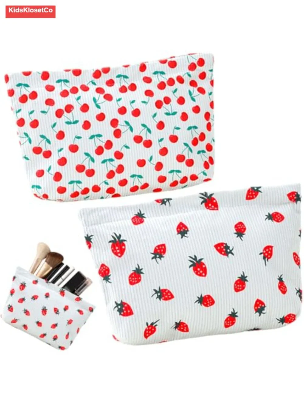 2pcs Corduroy Makeup Bags Set Strawberry Cosmetic Pouch Cute Travel Toiletry